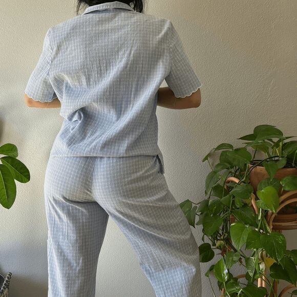 vtg 80s light blue gingham pant suit checked capris‎ button shirt down Medium - Picture 5 of 9